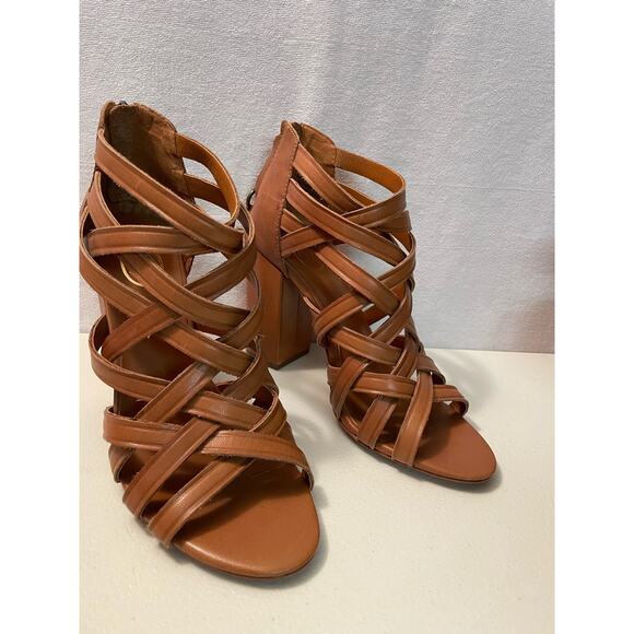 ASH Excelsior leather 38‎ tan Strappy 4” chunky Heeled Sandals women’s 7.5 - Picture 3 of 11